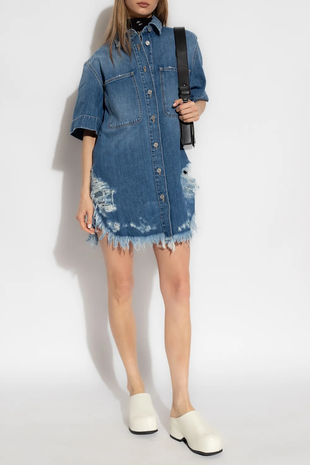 Ripped-Hem Buttoned Denim Shirt