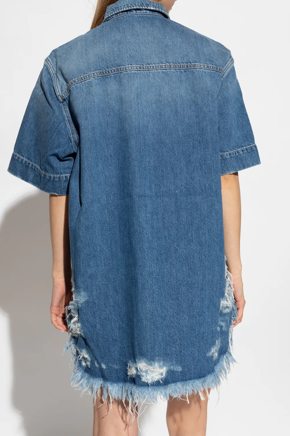 Ripped-Hem Buttoned Denim Shirt
