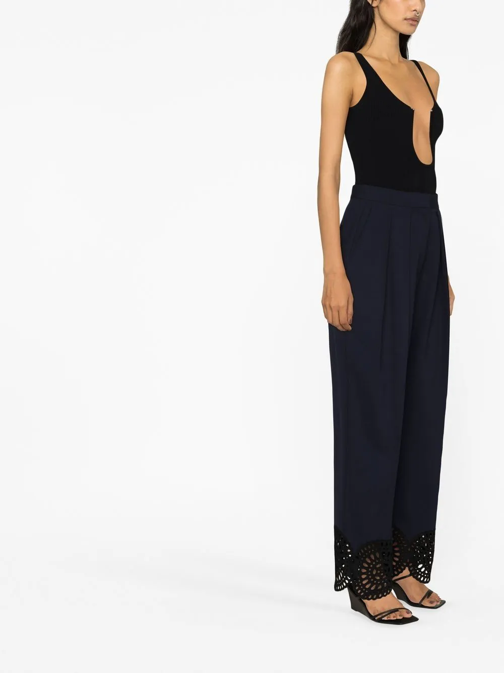 High Waist Broderie Anglaise-Trimmed Trousers