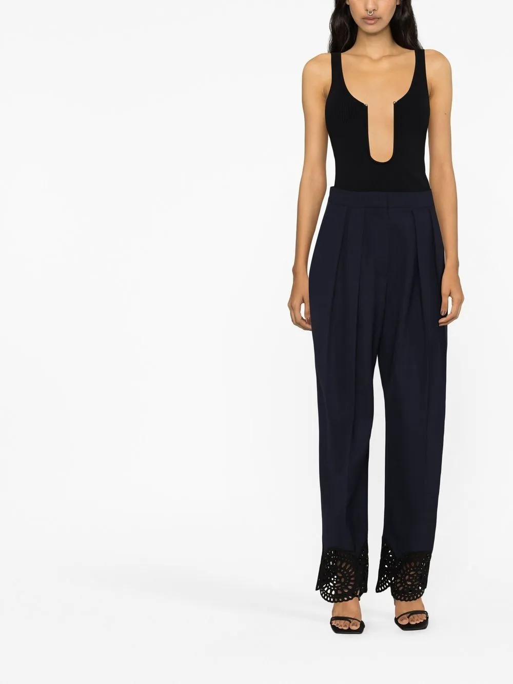 High Waist Broderie Anglaise-Trimmed Trousers