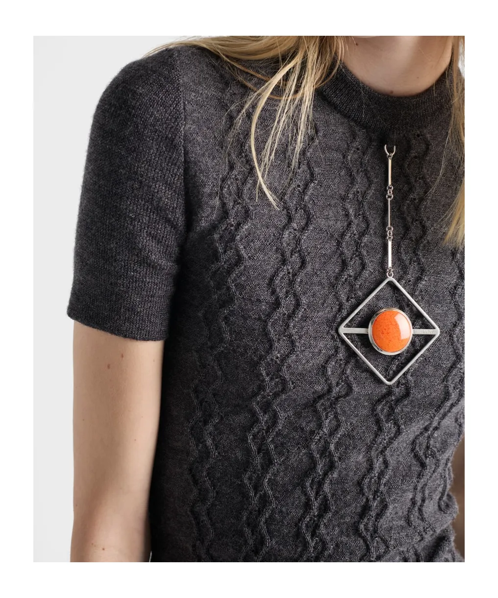 Pendant-Embellishment Short-Sleeve Sweater