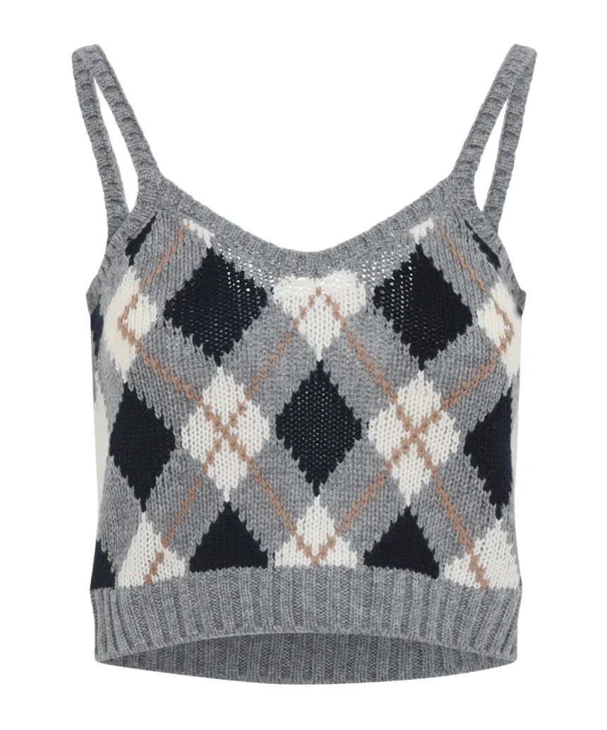 Check-Pattern Knitted Tank Top