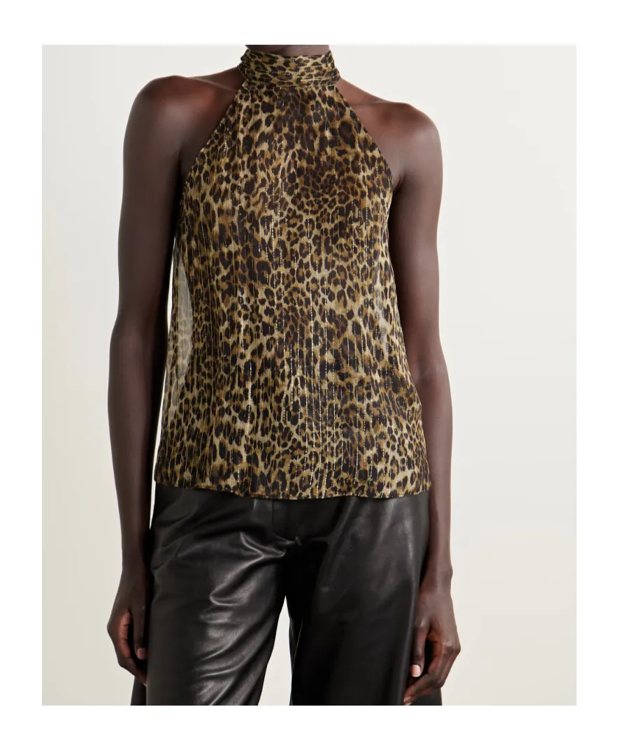 Alla Tie-Neck Leopard-Print Metallic Silk-Crepon Halterneck Top