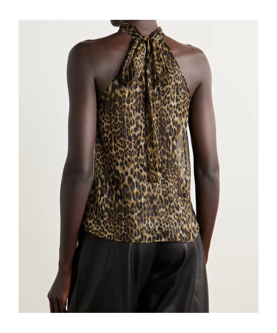 Alla Tie-Neck Leopard-Print Metallic Silk-Crepon Halterneck Top