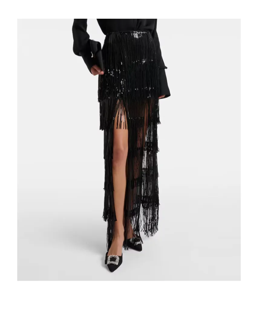 Fringed Sequined Tulle Maxi Skirt
