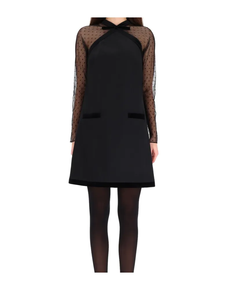 Velvet-Trimmed Tulle-Sleeve Minidress