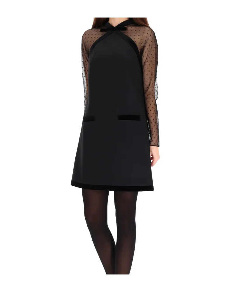 Velvet-Trimmed Tulle-Sleeve Minidress