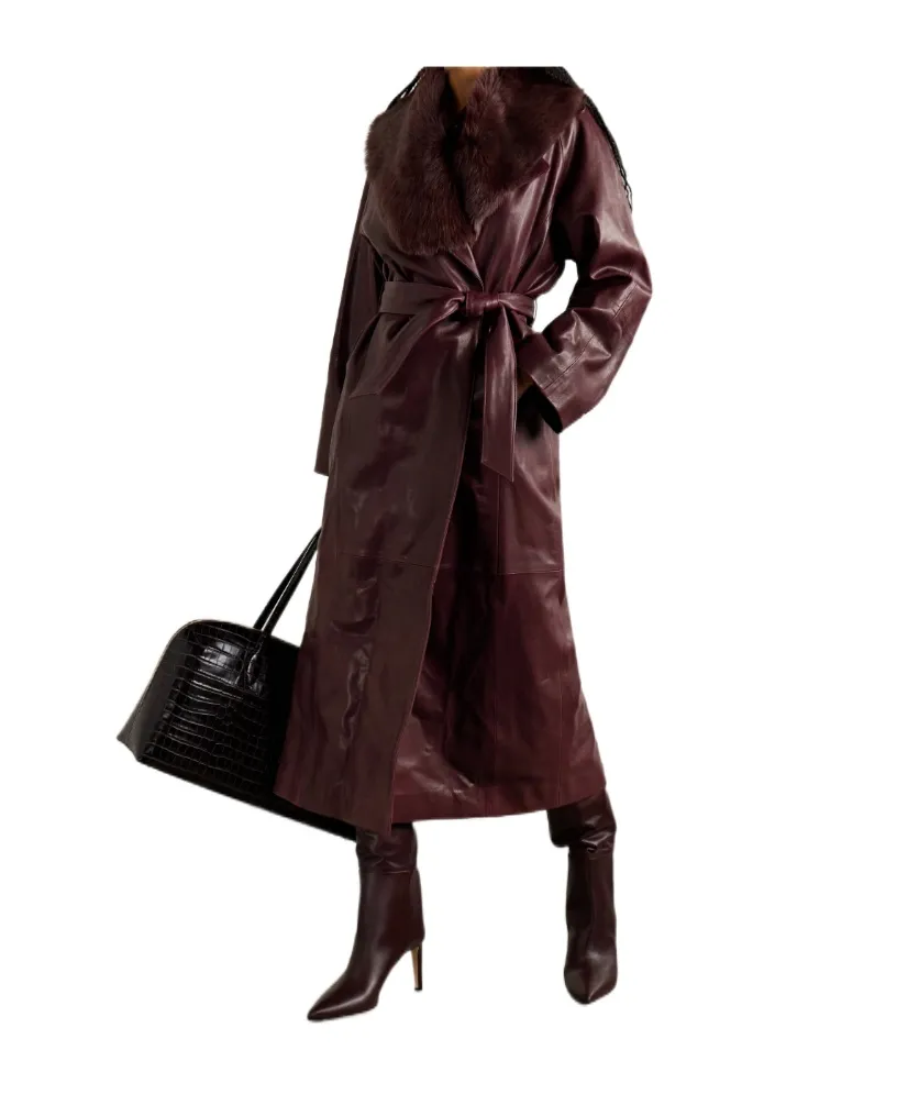 Briona Belted Shearling-Trimmed Leather Coat