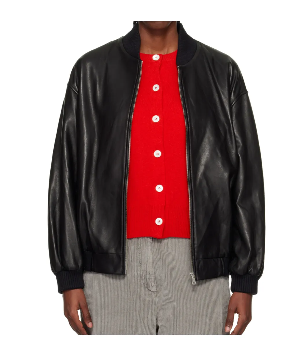 Long-Sleeved Bomber Leather Jacket