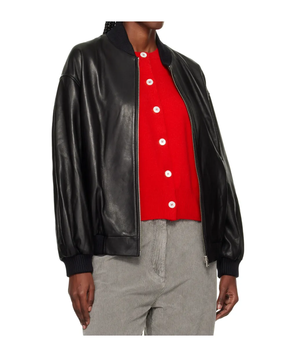 Long-Sleeved Bomber Leather Jacket