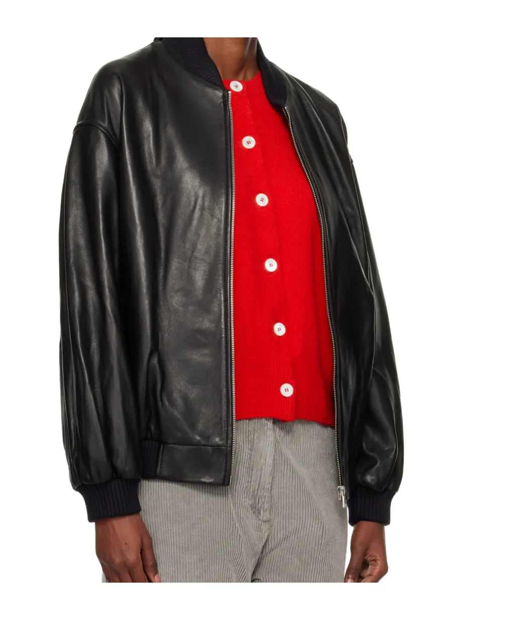 Long-Sleeved Bomber Leather Jacket