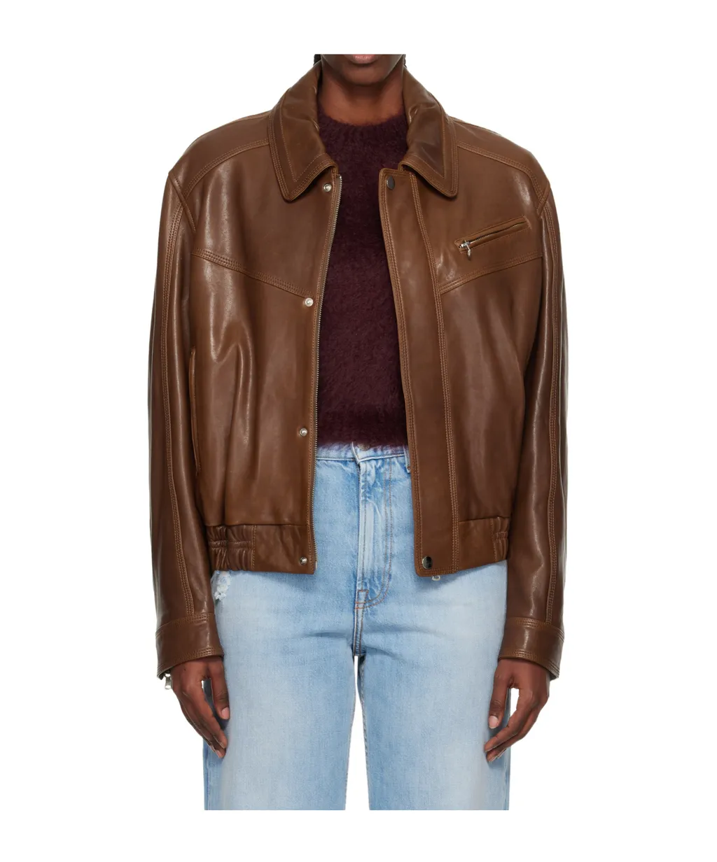 Long-Sleeved Bomber Leather Jacket