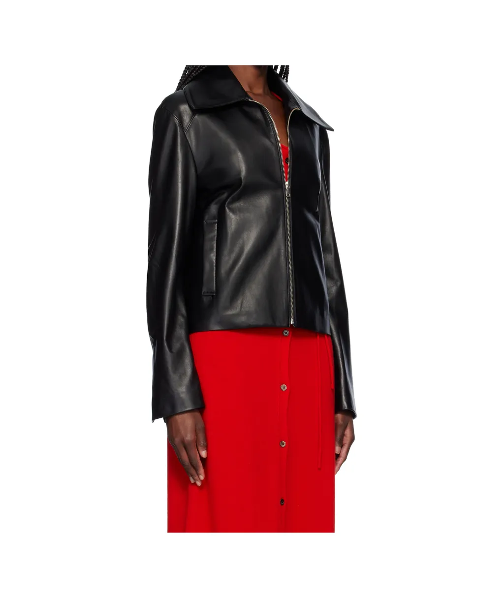 Zippered Long-Sleeved Leather Jacket