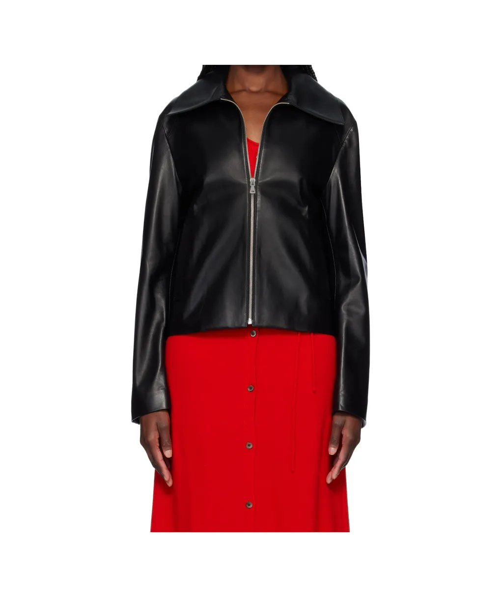 Zippered Long-Sleeved Leather Jacket