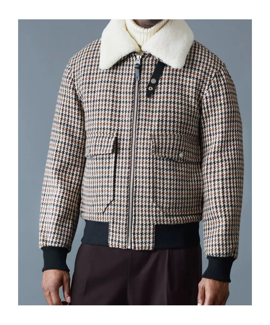 Houndstooth Pattern Shearling-Collar Jacket