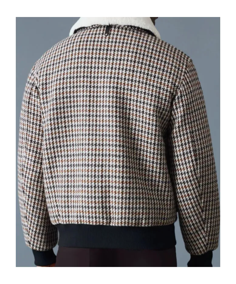 Houndstooth Pattern Shearling-Collar Jacket