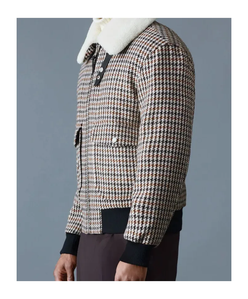 Houndstooth Pattern Shearling-Collar Jacket