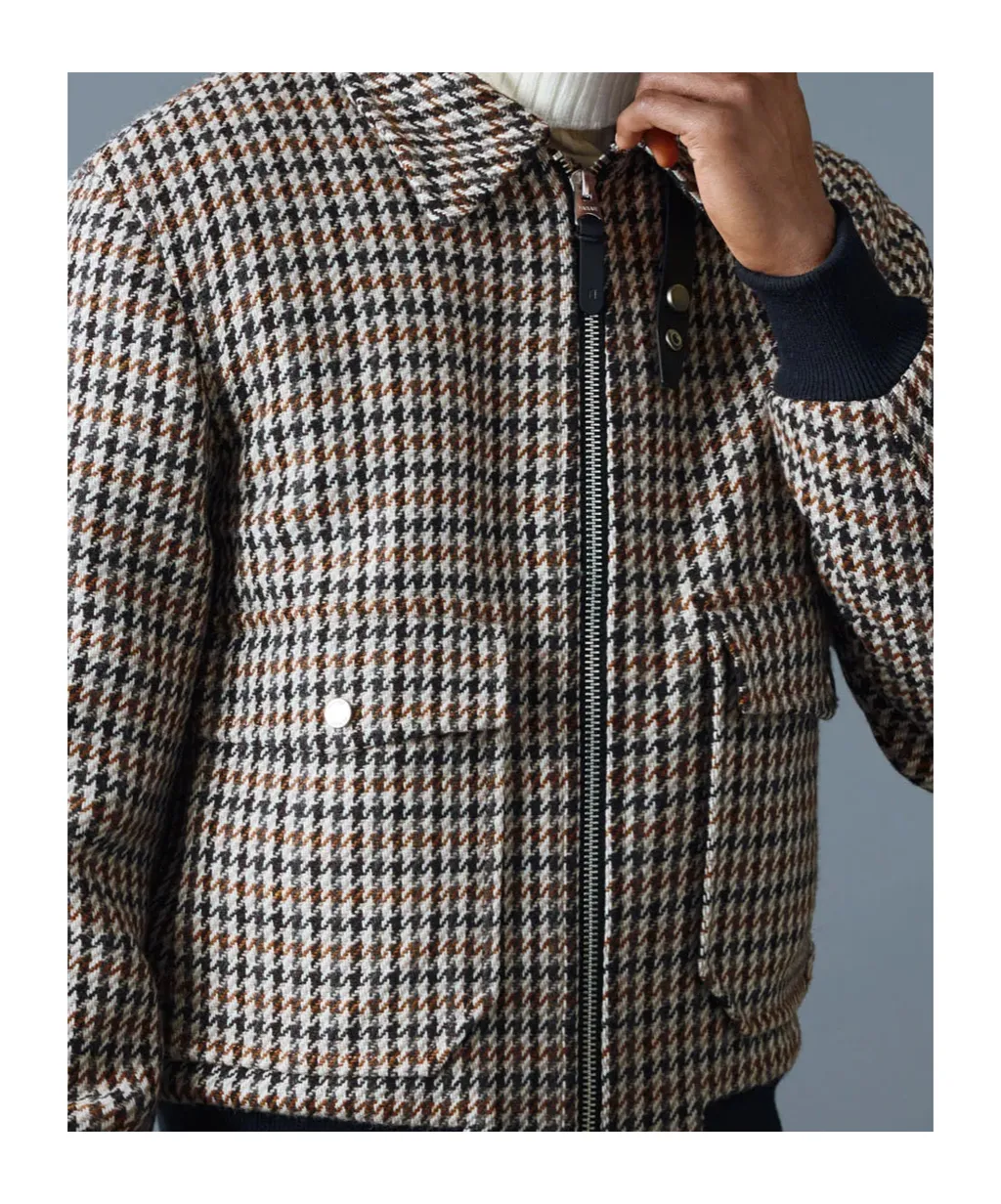 Houndstooth Pattern Shearling-Collar Jacket