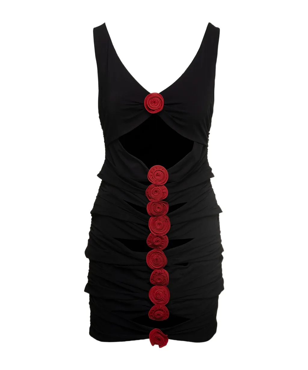 Rose Embellished Cut-Out Ruched Dress