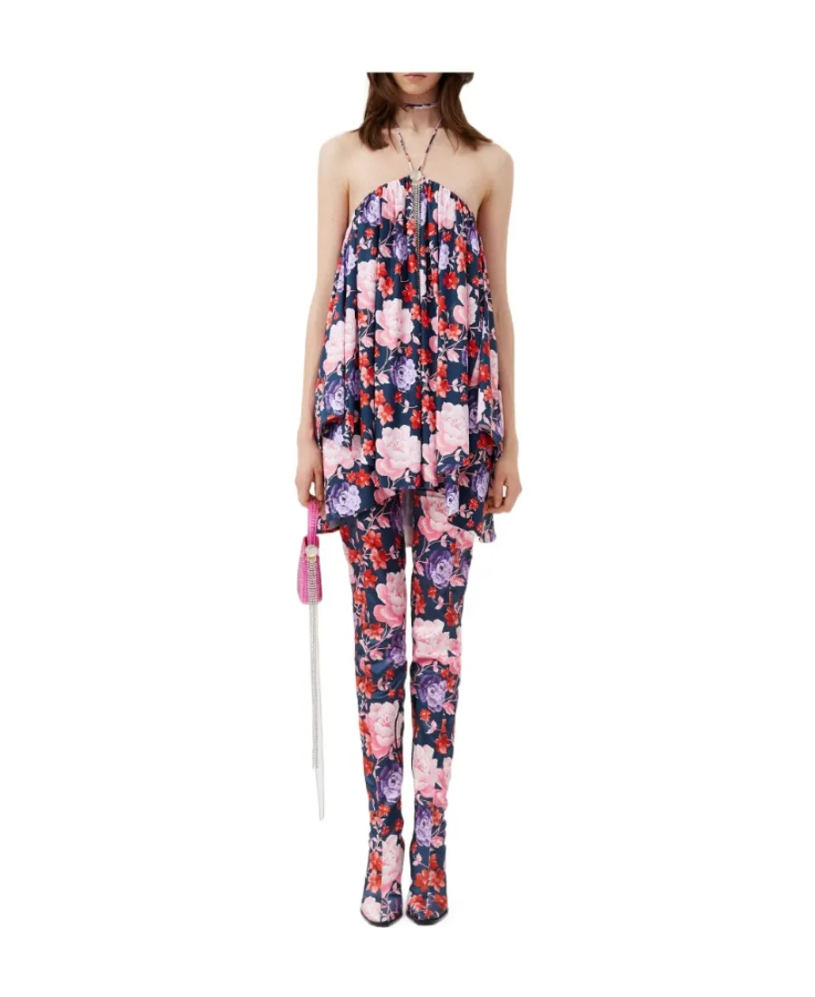 Flower Printed Halter Neck Top Mini Dress