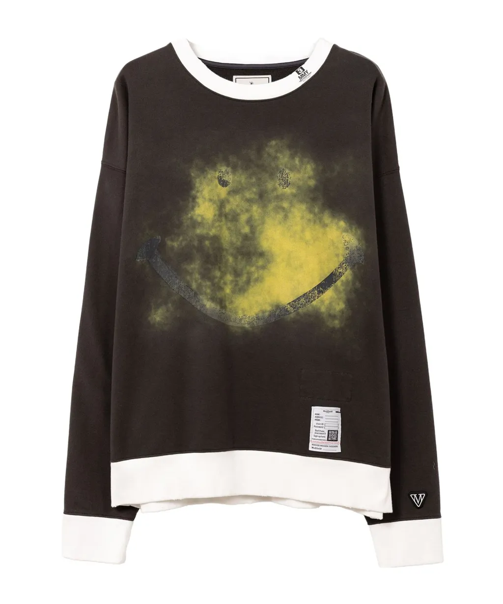 Smily Face Printed Distressed Ringer Sweatshirt