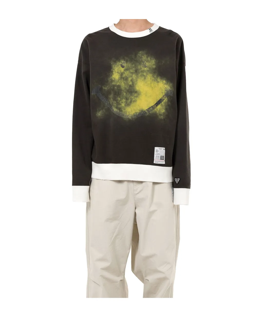 Smily Face Printed Distressed Ringer Sweatshirt
