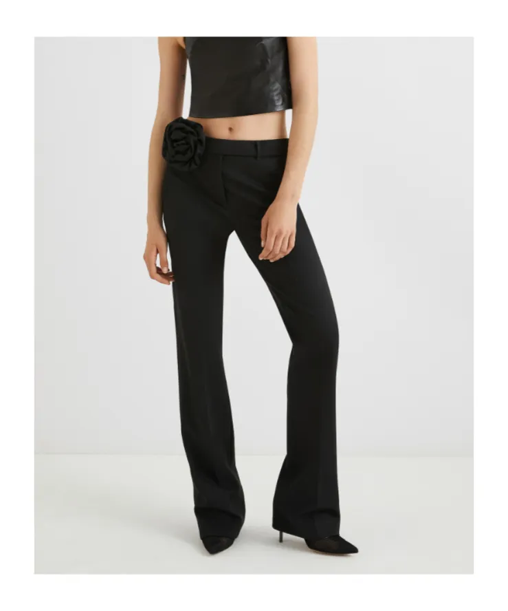 Flared Trousers With Flower-Adorned Belt Detail