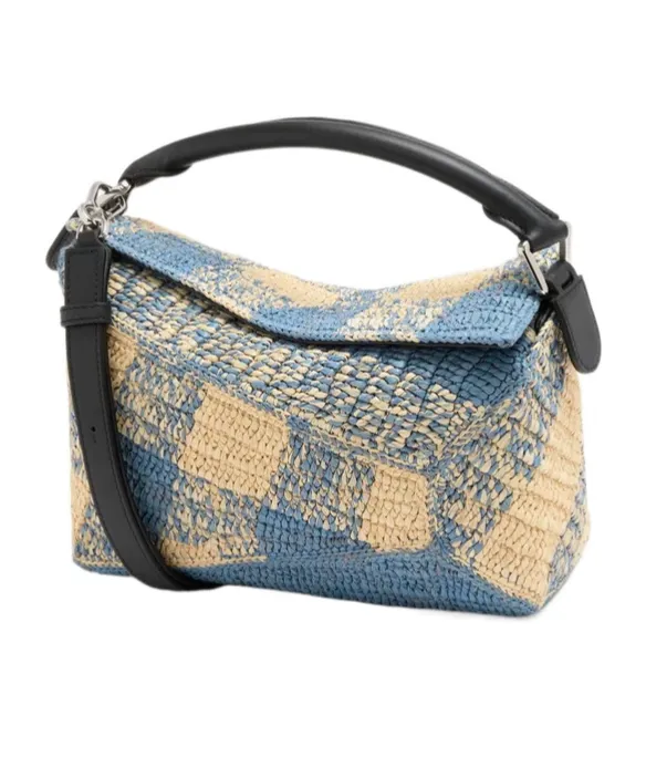 Small Puzzle Edge Bag In Raffia And Calfskin