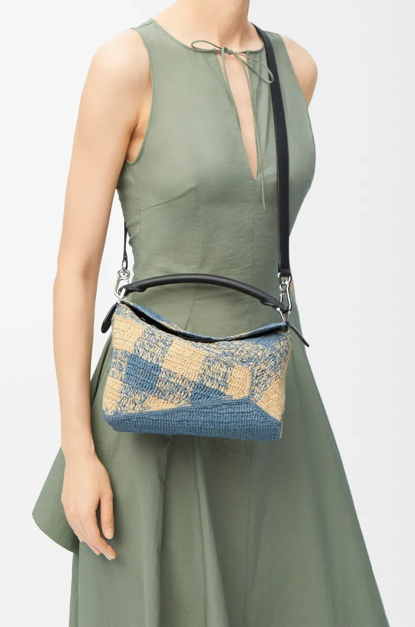 Small Puzzle Edge Bag In Raffia And Calfskin