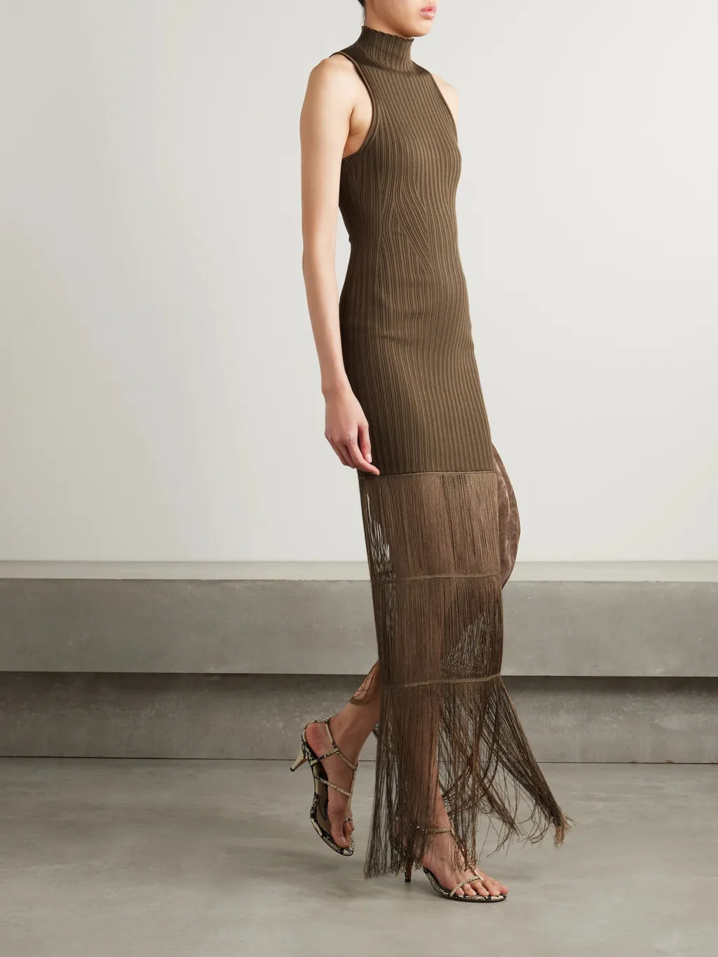 Zare Fringed Ribbed-Knit Maxi Dress