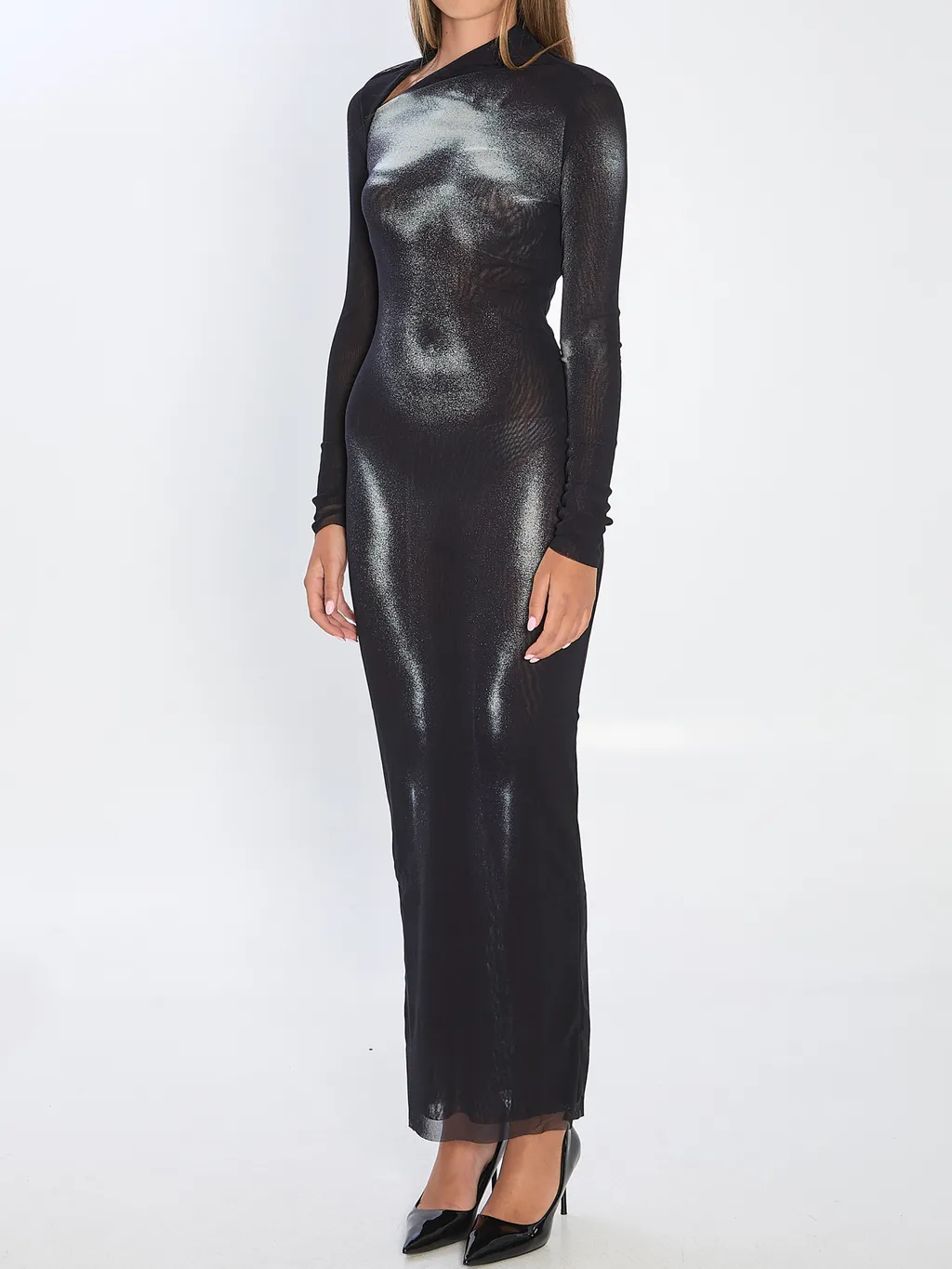 Body Dust Print Asymmetric-Neck Maxi Dress
