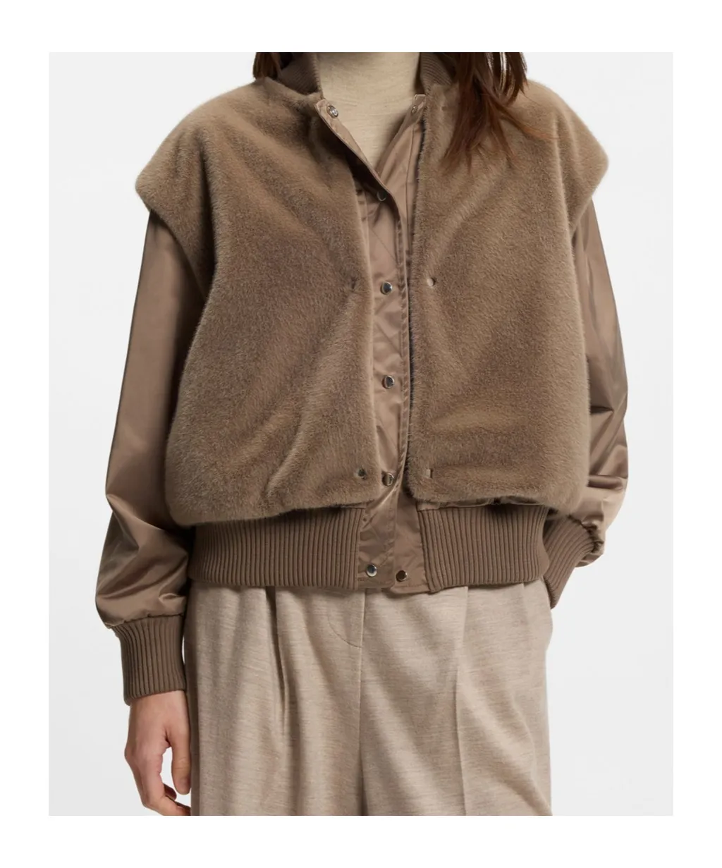 Removable Faux-Fur Gilet Satin Bomber Jacket