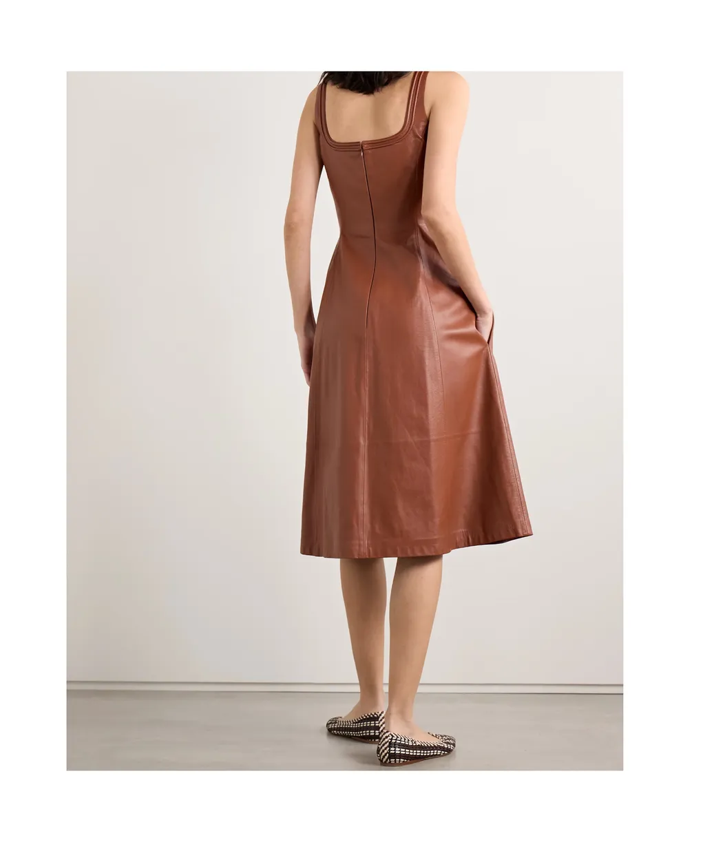 Adaline Leather Midi Square-Neck Dress