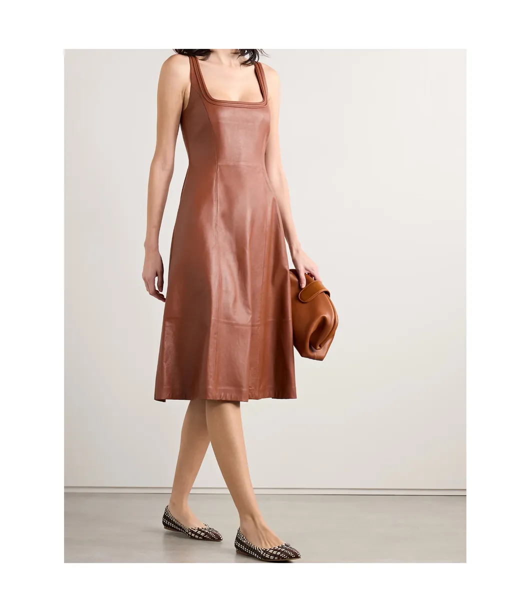 Adaline Leather Midi Square-Neck Dress