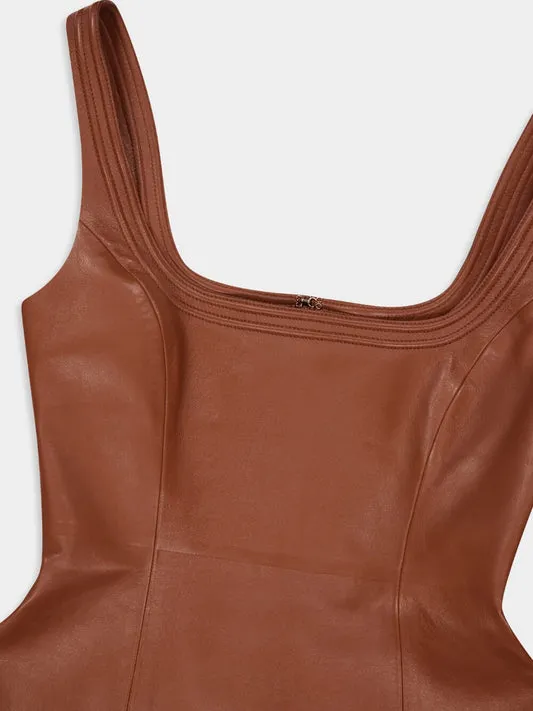 Adaline Leather Midi Square-Neck Dress