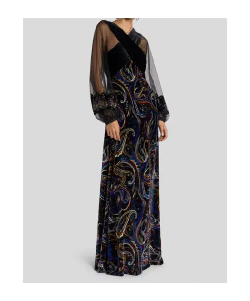 Paisley Foliage Motif Velvet Long Dress