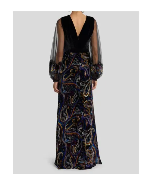 Paisley Foliage Motif Velvet Long Dress
