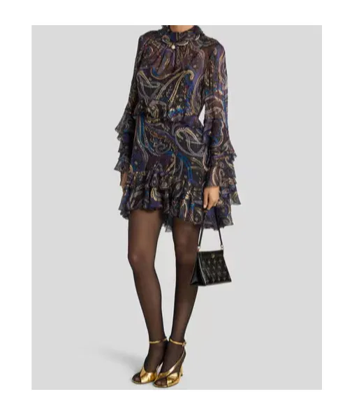 Paisley Foliage Motif Ruffled Mini Dress