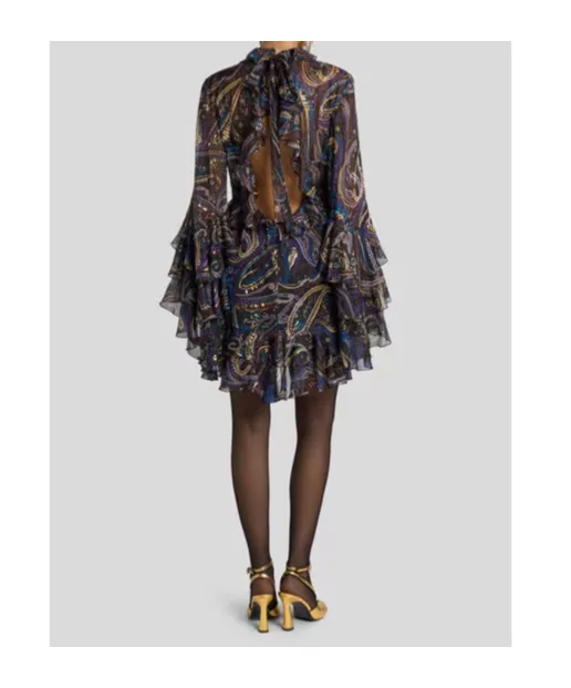 Paisley Foliage Motif Ruffled Mini Dress