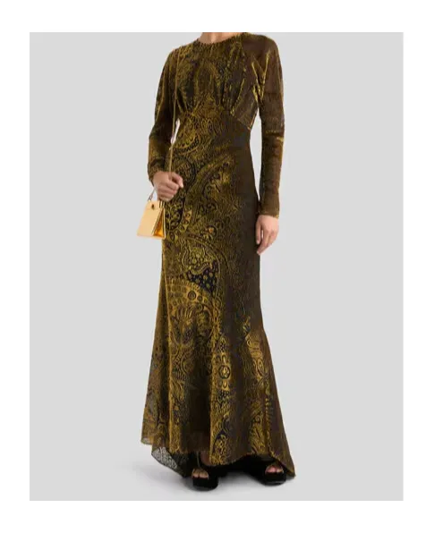 Floral Paisley Motif Long Burnout Velvet Dress