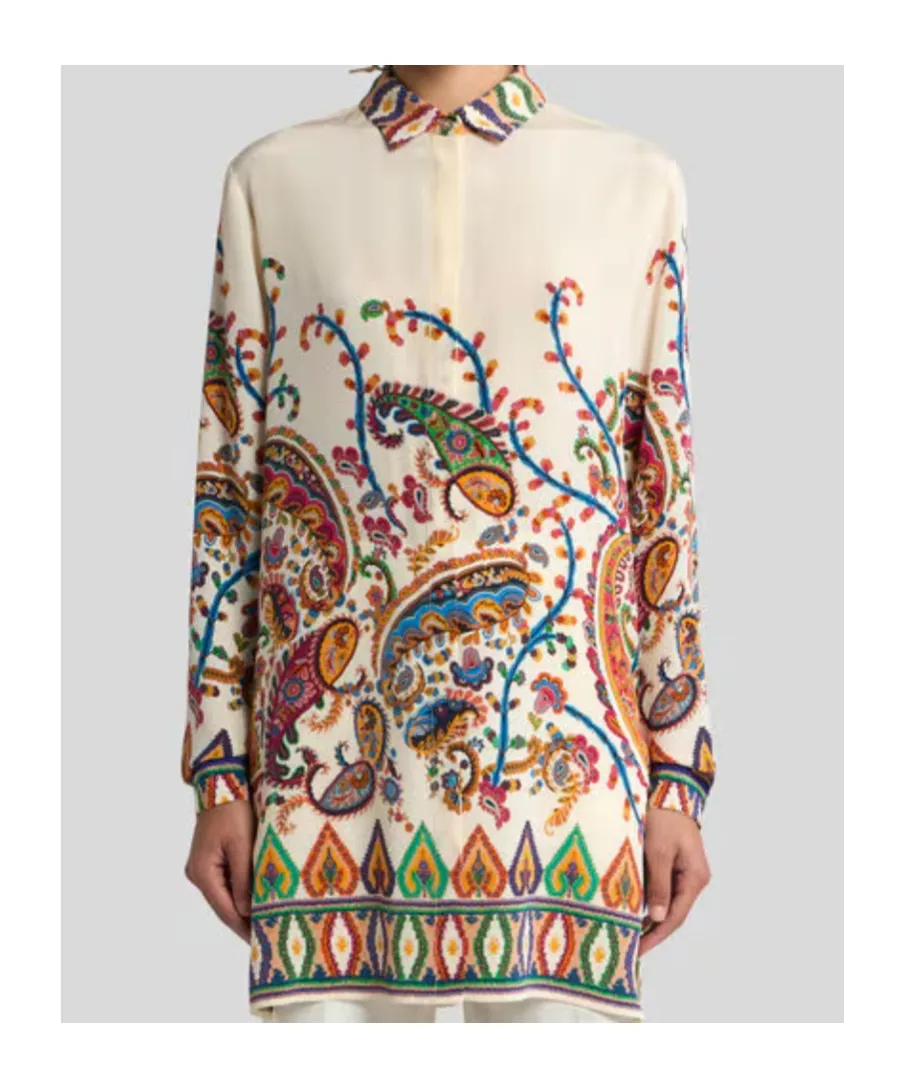 Long Silk Shirt With Placed Floral Paisley Print