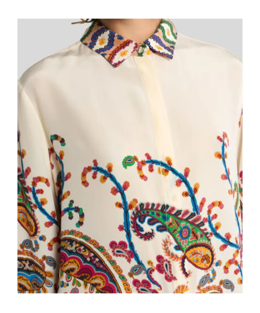 Long Silk Shirt With Placed Floral Paisley Print