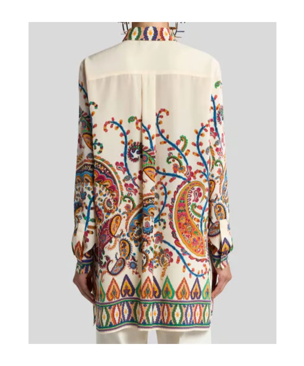 Long Silk Shirt With Placed Floral Paisley Print