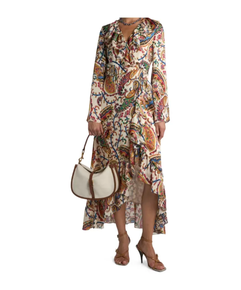 Floral Paisley Motif Long Wrap Dress
