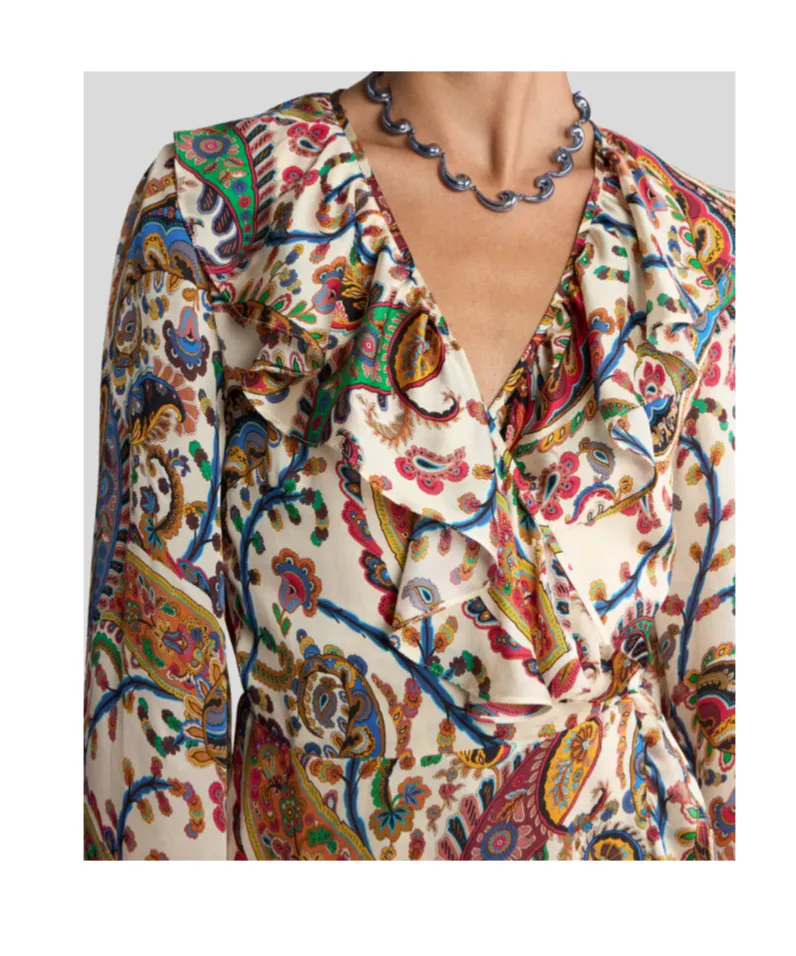 Floral Paisley Motif Long Wrap Dress