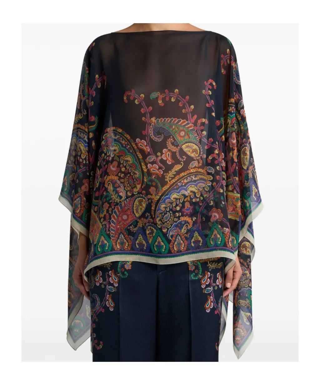 Placed Floral Paisley Printed Poncho Top
