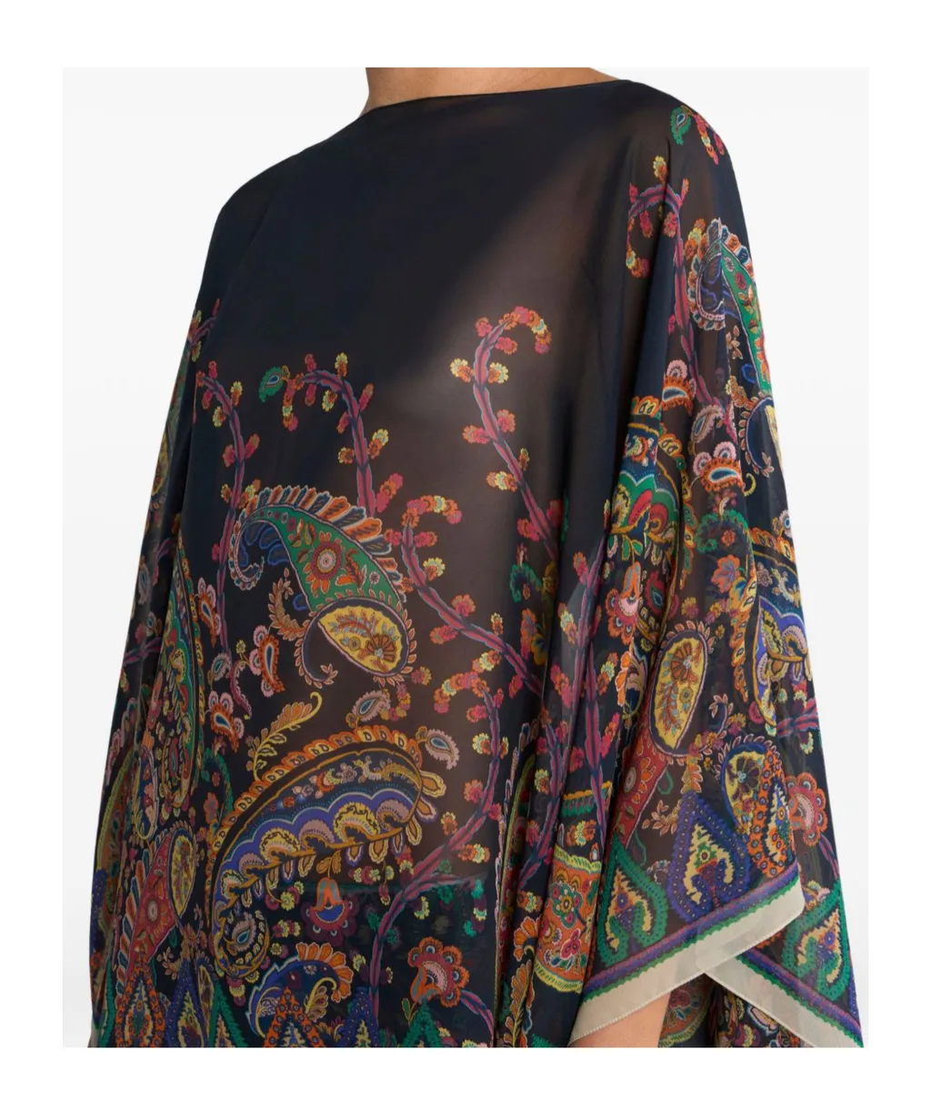Placed Floral Paisley Printed Poncho Top