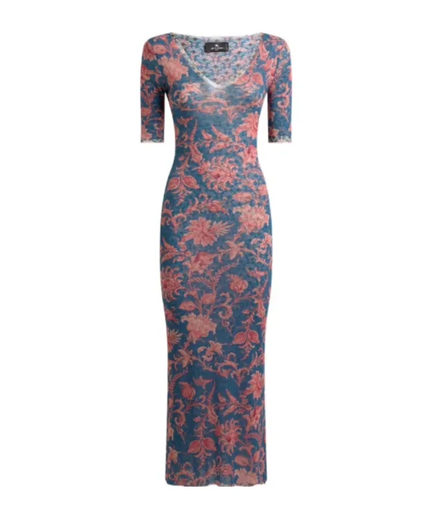 V-Neck Floral Motifed Midi Dress