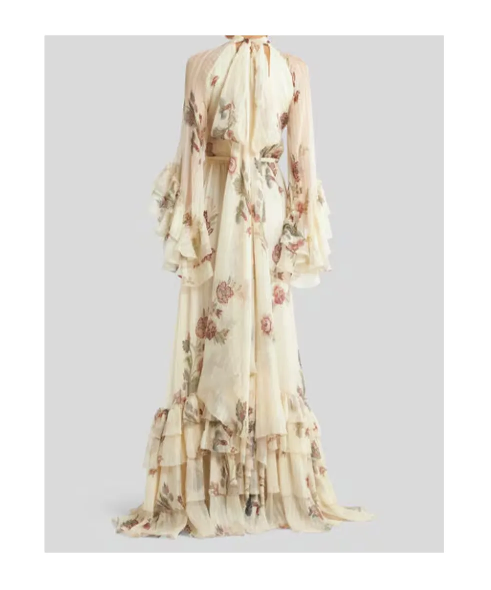 Long Printed Silk Crepon Dress