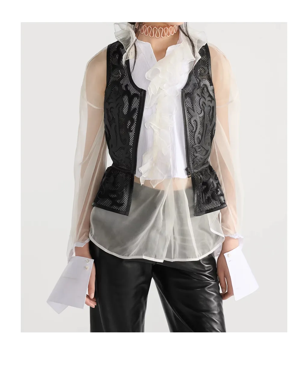 Transparent Blouse With Plastron And Removable Ruched Collar